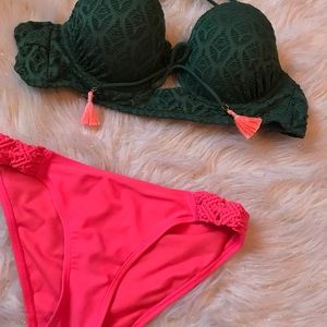 Super cute bikini set army green and neon pink